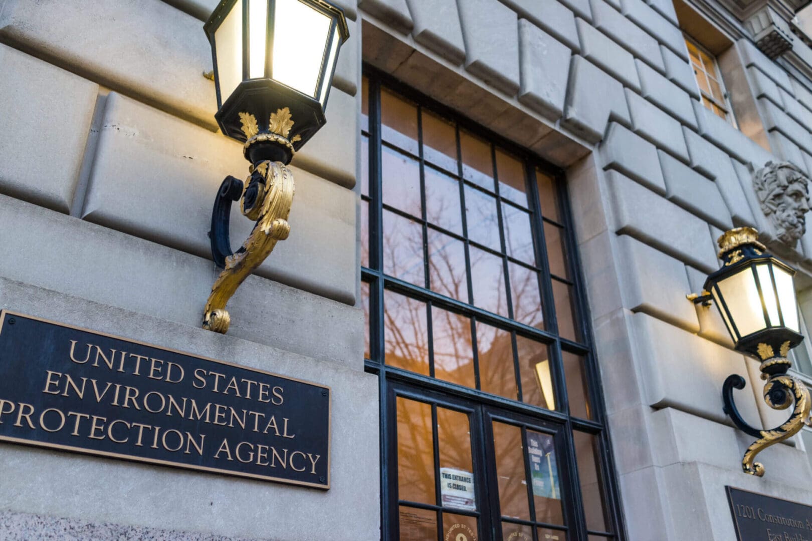 A lamp hanging outside of the united states environmental protection agency.