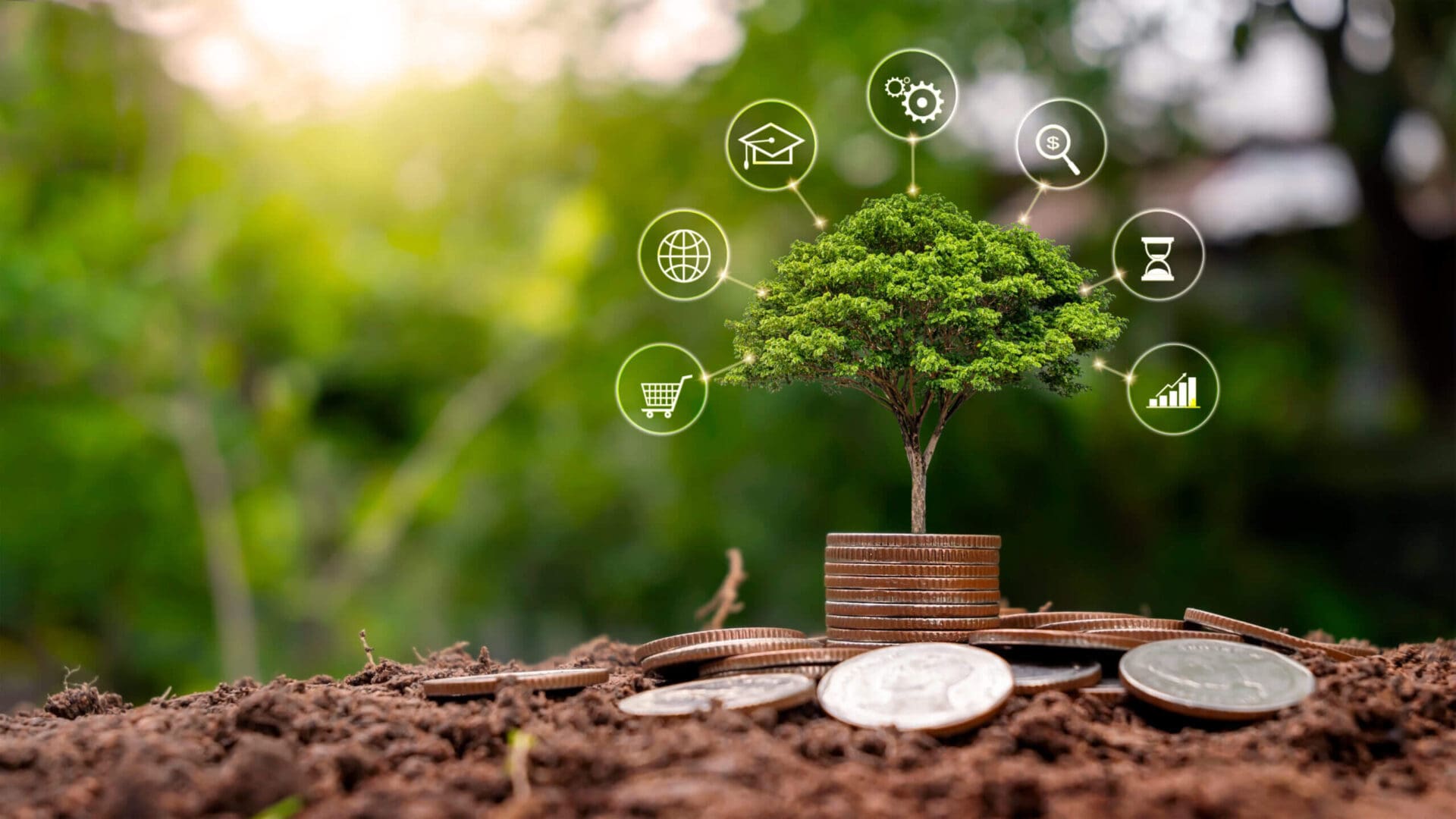 A tree with coins and some icons on it