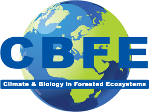 A blue and green globe with the words climate & biology in forested ecosystems.