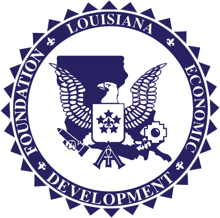 A blue and white seal with the words foundation, louisiana economic development.