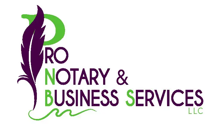 A purple and green logo for the pro notary & business services.