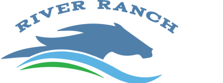 A blue and green logo for river ranch.