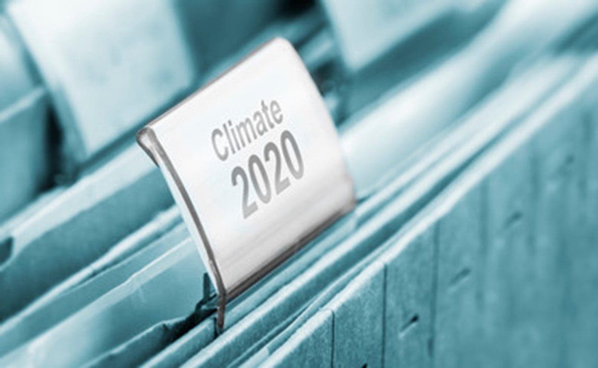 A close up of the climate 2 0 2 0 sign