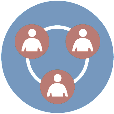 A blue circle with three people in the middle of it